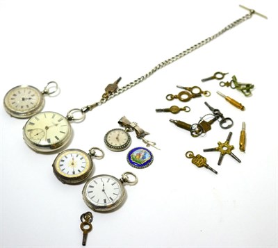 Lot 3 - A silver pocket watch and chain, enamelled fob watch stamped '800', and three other Continental...