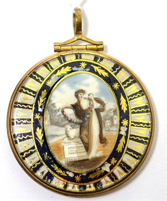 Lot 10 - A mourning locket pendant, containing a hand painted miniature depicting a maiden with a floral...