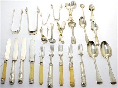 Lot 37 - A group of assorted silver flatware including; a pair of silver Old English pattern dessert spoons