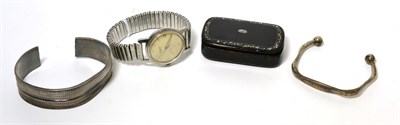 Lot 43 - A steel wristwatch signed Sandoz, a snuff box and two bangles stamped '925'