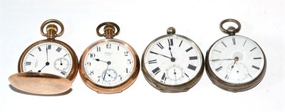 Lot 57 - Two silver pocket watches and two gilt metal examples