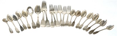 Lot 65 - A group of 19th century silver fiddle pattern flatware, comprising: a set of six teaspoons,...