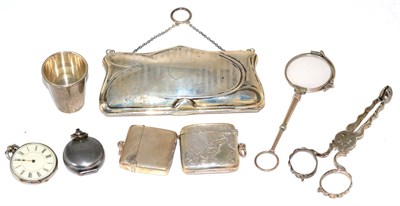 Lot 77 - A pair of George III silver sugar nips, two silver vestas, a silver purse, a white metal lorgnette