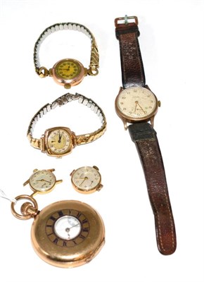 Lot 83 - A gents 9 carat gold wristwatch, four ladies wristwatches, one signed Omega, and a gold plated half