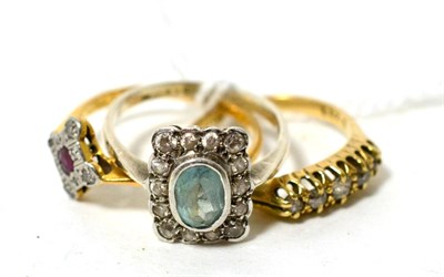 Lot 86 - An 18 carat gold diamond ring, a 9 carat white gold aquamarine and diamond ring and a ruby and...