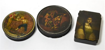 Lot 93 - A late 19th century Stabwasser lacquer box ";Feodora"; (a.f.); together with two further 19th...
