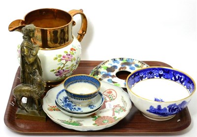 Lot 117 - A Chinese export plate, two Chinese dishes, tea bowl and copper lustre jug
