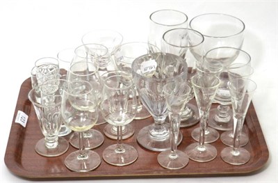 Lot 123 - A collection of miscellaneous glass wares including a pair of 19th century stemmed ale glasses,...
