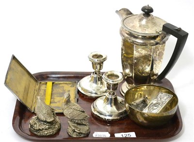 Lot 125 - A group of silver comprising coffee pot, bowl, cigarette case, a pair of dwarf candlesticks,...