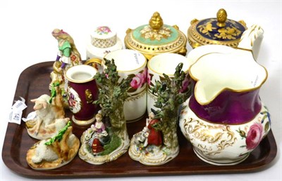Lot 140 - A tray of 19th century ceramics including Derby pot pourri, jug, mugs, Sampson of Paris figure...
