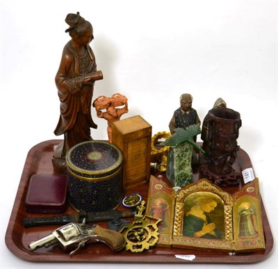 Lot 141 - A tray of miscellaneous including a Japanese carved wooden figure of a lady, a cloisonne vase...