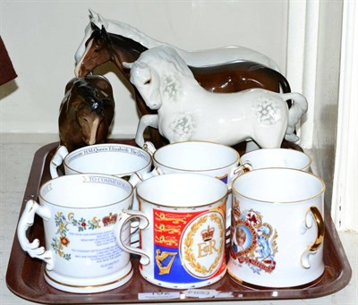 Lot 152 - A shelf of Coalport, Franklin Mint and other figures, together with a tray of Beswick horses...