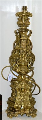 Lot 172 - A gilt metal candlestick as a table lamp in Renaissance style, cast with classical ornament and...