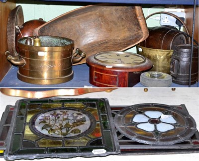 Lot 178 - Four pieces of coloured glass, dug out bowl, brass, shell casings, Victorian wall clock etc