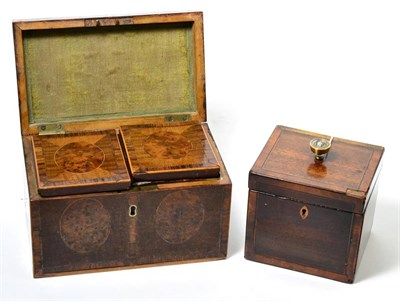 Lot 196 - A 19th century burr yew two division tea caddy and a mahogany and cross banded tea caddy