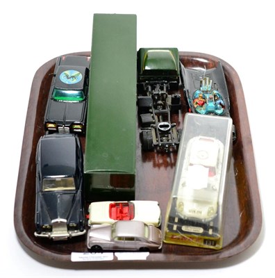 Lot 204 - Seven toy car models including Dinky cased Jaguar 'E' type, Corgi toy 'Bat Mobile', Corgi toy...