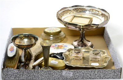 Lot 210 - A silver inkwell stand, two plated Ronson lighters, chrome cigarette case, silver mounted...