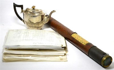 Lot 212 - A small group of indentures, ephemera relating to the Navy, a presentation teapot and a telescope