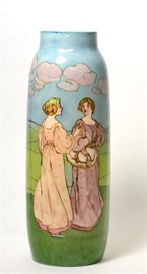 Lot 221 - A Doulton Lambeth Vase, by Margaret E Thompson, painted with Art Nouveau figures in a rolling green