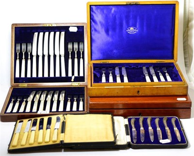 Lot 233 - A set of six silver handled fruit knives, a canteen of mother of pearl handled fruit knives and...