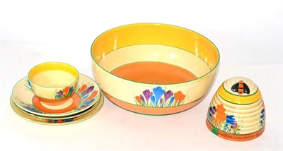Lot 263 - A Clarice Cliff crocus pattern preserve jar and cover, bowl, two saucers, plate and sugar bowl