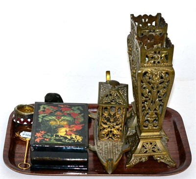 Lot 267 - Assorted items to include a small bronze figure; gilt metal lorgnettes; a Russian lacquer box;...