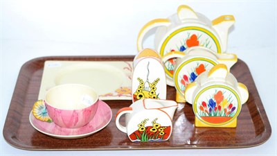 Lot 270 - A Clarice Cliff cup and saucer and rectangular plate; Moorlands pottery teaset; and a Wedgwood...