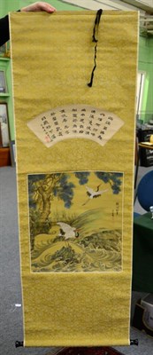 Lot 317 - A Chinese hand painted scroll decorated with cranes and foliage