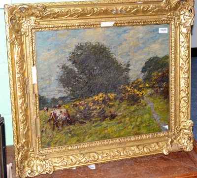 Lot 1020 - Circle of James William Buxton Knight RBA, RCA, RE (1848-1903), cattle grazing in a landscape,...