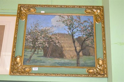 Lot 1025 - Winifred Wilson (1882-1973), hay ricks in a orchard, oil on canvas