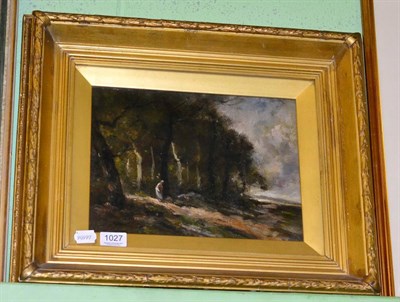 Lot 1027 - 19th century school, figure on a woodland path, oil on board, unsigned, in a gilt frame