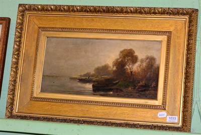 Lot 1033 - 19th century school, boat on the shore, oil on canvas, indistinctly signed in a gilt frame