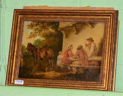 Lot 1034 - Attributed to George Morland (1763-1804), peasants outside a cottage, oil on canvas, together...