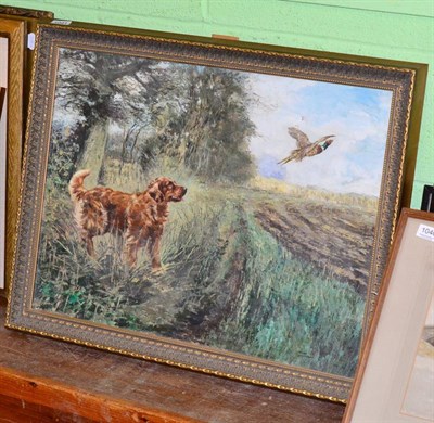 Lot 1041 - An oil on canvas signed Henry Wilkinson depicting a gun dog chasing a pheasant