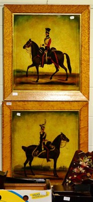 Lot 1049 - A pair of painting on glass officers of the British army, in burr walnut frames (2)