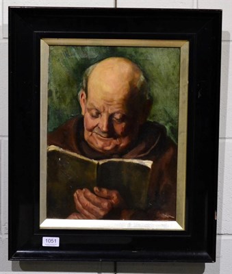 Lot 1051 - J. Lewis (British, 19th/20th century), Monk Reading, oil on canvas, inscribed verso J. Lewis, 9...