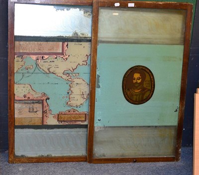 Lot 1058 - ^ Two coloured glass windows, on decorated with Sir Frances Drake, the other with a map of his...