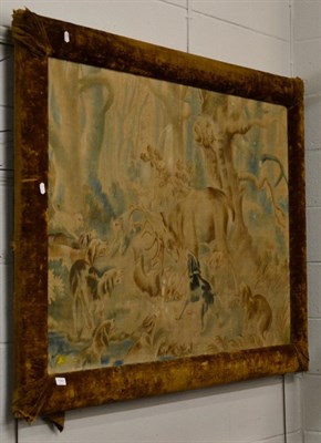 Lot 1068 - A painted canvas depicting a stag and hounds, signed M Mortelli