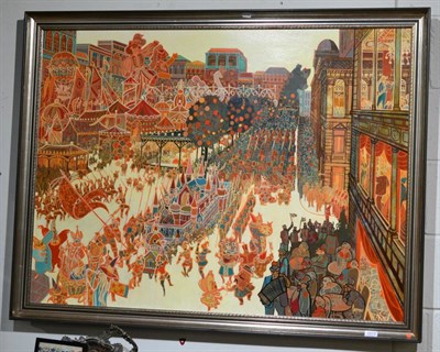 Lot 1073 - 20th century school, parade scene, oil on board, signed