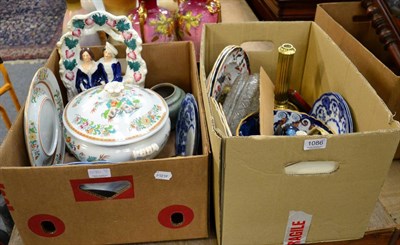 Lot 1086 - Two boxes of ceramics, glass and oil lamp