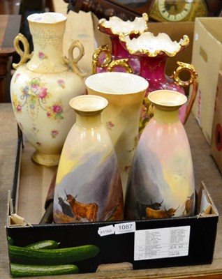 Lot 1087 - A pair of Crown Devon vases decorated with cattle, a pair of Victorian vases and two Crown...