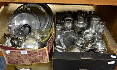 Lot 1093 - A collection of pewter including a Solleets Arts & Crafts cigarette box, tea wares etc (two boxes)