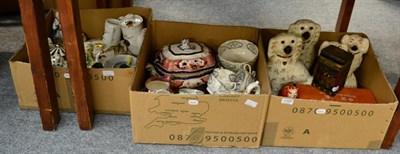 Lot 1100 - Three boxes of 19th century and later ceramics including seated spaniels, tea wares, lustre...