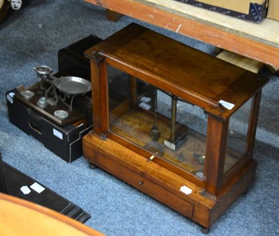 Lot 1102 - An oak cased balance, cased draughtman's tools, weights, etc