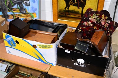 Lot 1115 - Two boxes of 19th century and later mahogany, oak and lacquer boxes, desk standishes, letter racks