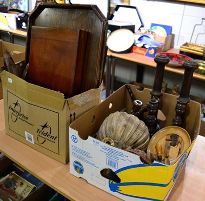 Lot 1120 - A group of 19th century wooden and brass candlesticks, chess set, bagatelle board, etc