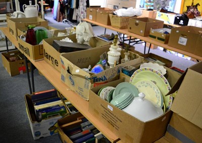 Lot 1130 - Nine boxes of assorted 19th century and later glass, silver plate, ceramics, a plaster bust, etc