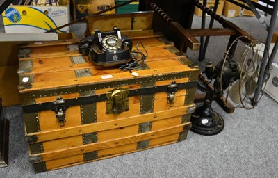 Lot 1139 - A retro fan, a rotary dial telephone and a metal bound wooden trunk