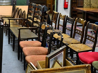 Lot 1159 - ^ Twenty assorted 19th century and later chairs including rush seated, wheel backed etc;...