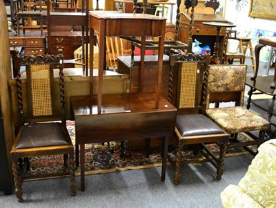 Lot 1165 - A copper bed warming pan, a pair of oak side chairs, upholstered and close nailed chair, oak...